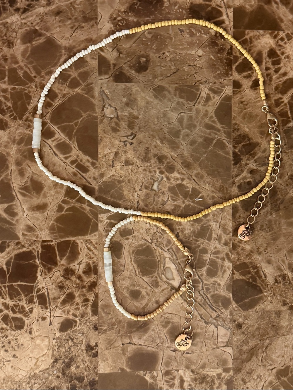 Beaded Necklace and Bracelet Set in White and Gold by